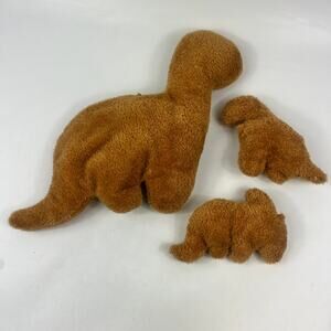 Brown Plush Dinosaur Chicken Nugget Mom x2 Baby Stuffed Toys Set Zipper Pouch